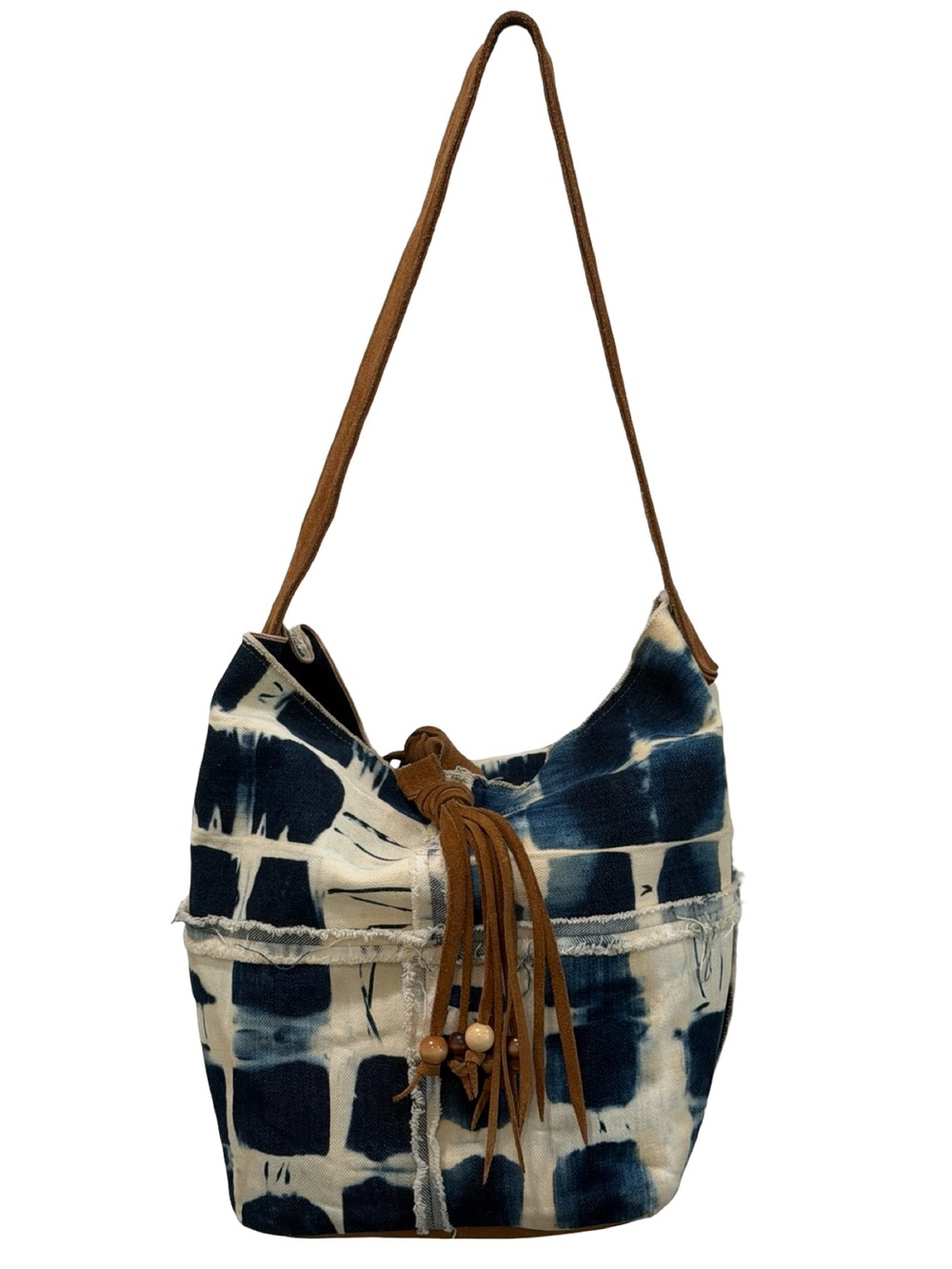 Artisan Crafted Indigo Tie-Dye Denim Suede Fringe Shoulder Bag